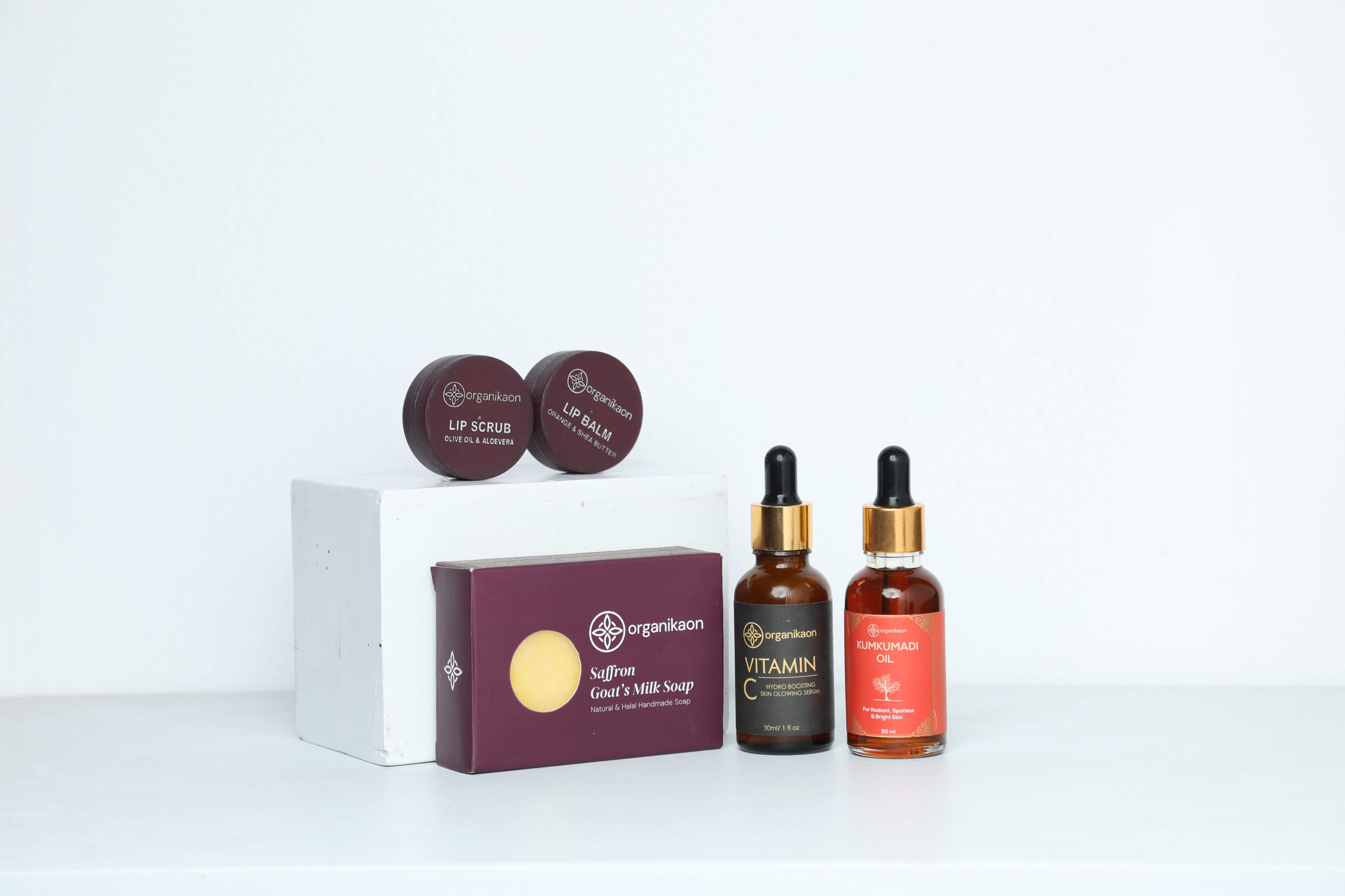 Organikaon Winter Combo (Saffron Goat Milk Soap, Vitamin C Serum, Kumkumadi Oil, Lip Combo)